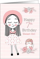 7th Birthday Little Girl and Cat in Pink White and Black card