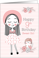 9th Birthday Little Girl and Cat in Pink White and Black card