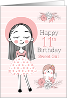 11th Birthday Little Girl and Cat in Pink White and Black card