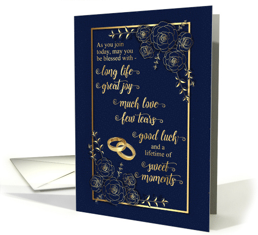 Wedding Congratulations Faux Gold Leaf Roses and Navy Blue card
