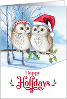 Happy Holidays Woodland Owl Couple in Snowy Birch Forest card