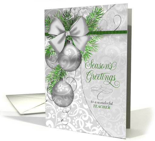 for Teacher Season's Greetings Silver Ornaments with Pines card