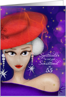 55 and Fabulous and Fashionable in Red with Purple Dress Birthday card