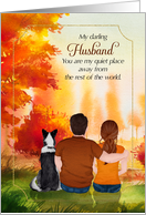for Husband Wedding Anniversary Autumn Season Couple and Dog card