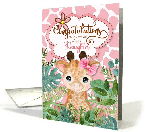New Baby Girl Congratulations Jungle Giraffe Theme in Pink card