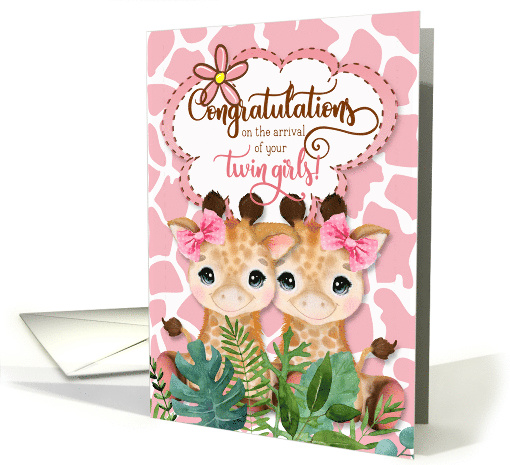 Twin Girls New Baby Congratulations Jungle Giraffe Theme in Pink card