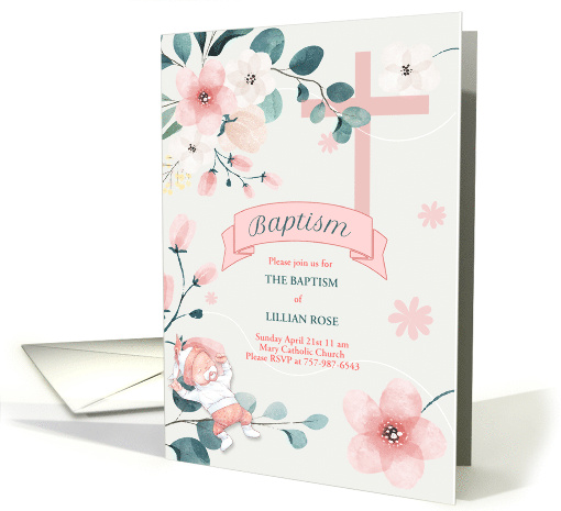 Baptism Invitation for Baby Girl Peach Blossoms Christian Cross card