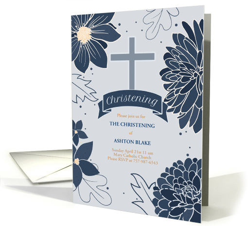 Christening Invitation Bold Blue Botanicals with Cross card (1732342)