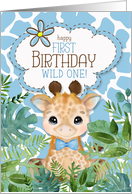 Child’s 1st Birthday Jungle Giraffe Theme in Blue card