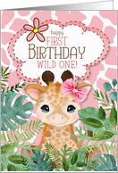 Girl’s 1st Birthday Jungle Giraffe Theme in Pink card