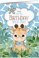 Boy’s 5th Birthday Jungle Giraffe Theme in Blue card