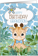 Grandson’s Birthday Cute Giraffe Jungle Theme in Blue card