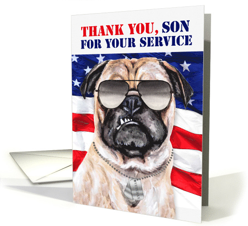 for Son Veterans Day Funny Patriotic Pug Dog with Flag card (1732902)