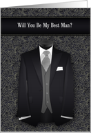 Best Man Request Tux in Black and Gray with Swirls card