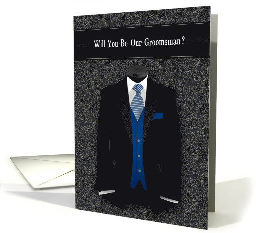 Groomsman Request Wedding Black and Blue Suit Tie card (1772266)
