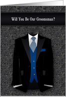 Groomsman Request Wedding Black and Blue Suit Tie card