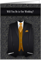 Wedding Attendant Request Tuxedo Black and Gold Suit Tie card