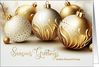 Business Name Season’s Greetings Gold and White Ornaments card