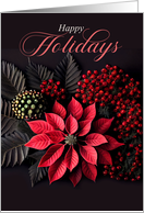 Poinsettia Happy Holidays on Black with Bold Red Berries card