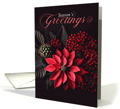 Poinsettia Season's Greetings on Black with Bold Red Berries card