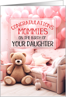 TWO MOMMIES Congratulations Pink Balloons and Bear card