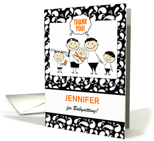 Babysitter Thank You Black and White Paisley Orange Custom card