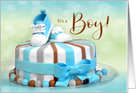 It’s A Boy Baby Birth Announcement in Blue and Brown with Cake card