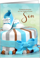 New Baby Congratulations Birth of a Son Blue and Brown Cake card