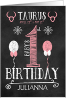 Taurus Baby Girl’s 1st Birthday April 21st to May 21st Zodiac Pink card