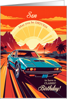 for Son Birthday Classic Car Retro 70s Theme card