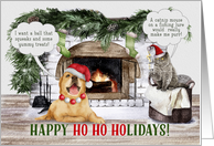 Ho Ho Holiday Greetings Funny Dog and Cat in Santa Hats card