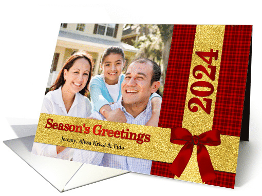 Christmas 2023 Red and Gold Plaid with Photo and Name card (533081)