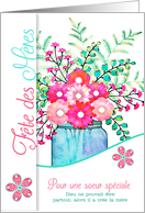 French Language Mother’s Day for Sister Pink and Aqua Flowers card