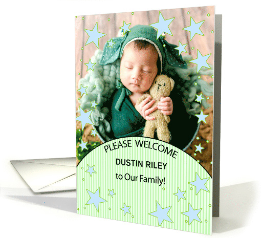 Birth Announcement with Baby's Photo Blue and Green Stars card
