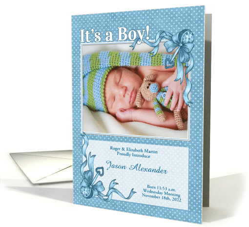 Blue Birth Announcement with Baby's Photo and Polka Dots card (625358)