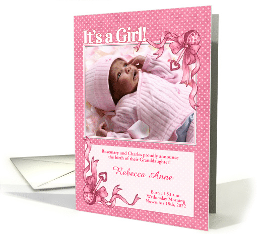 New Granddaughter Announcement in Pink Polka Dots with Photo card