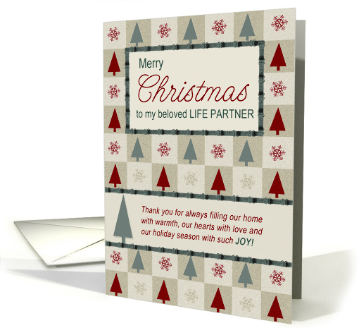 For Life Partner at Christmas Green and Burgundy Christmas Tree card