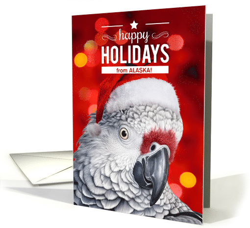 from Alaska Happy Holidays African Grey Parrot with Santa Hat card