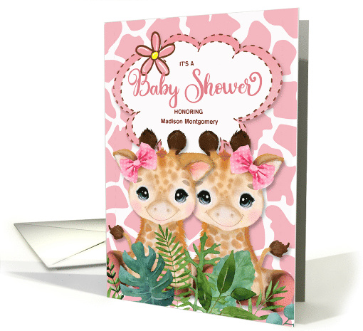 Twin Girl Pink Giraffe Jungle Themed Baby Shower Invitation card