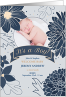 Blue Baby Boy Birth Announcement Slate Blue Botanical Photo card