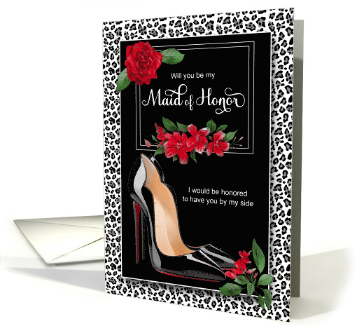 Maid of Honor Request Silver Cheetah with Stiletto Heel Red Rose card