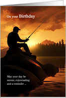 Birthday Fisherman Fishing on a Gold Pond at Sunrise card