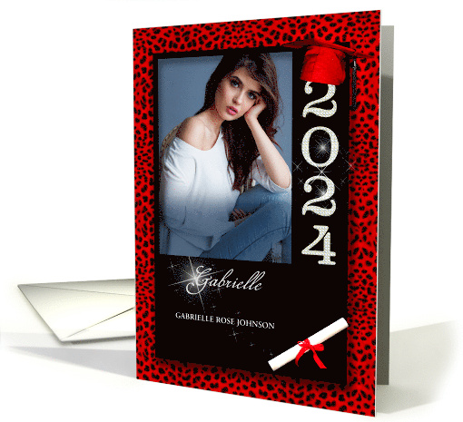 Red Cheetah Print Class of 2024 Graduation Photo Announcement card