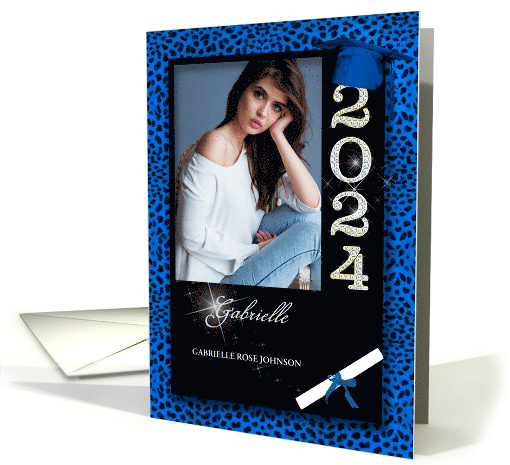 Blue Cheetah Print Class of 2024 Graduation Photo Announcement card