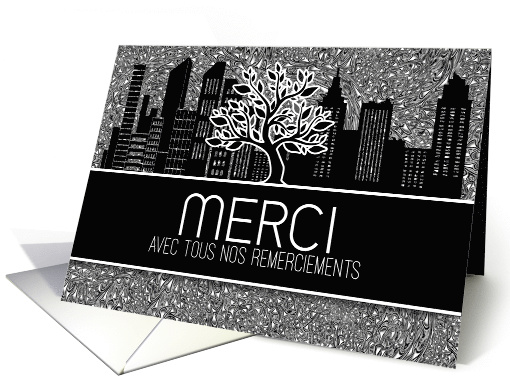 Merci French Business Thank You Black and White Cityscape Blank card