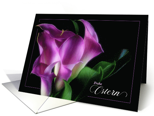 German Easter Frohe Ostern Purple Calla Lilies on Black card (793850)
