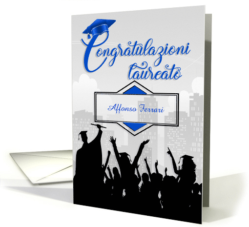 Italian Graduation Congratulations in Blue and Black with Name card