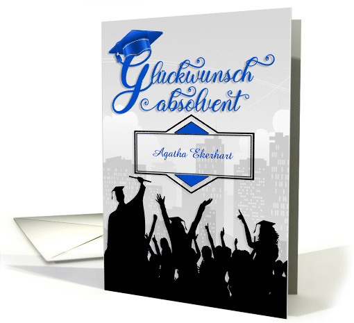 German Graduation Congratulations in Blue and Black with Name card