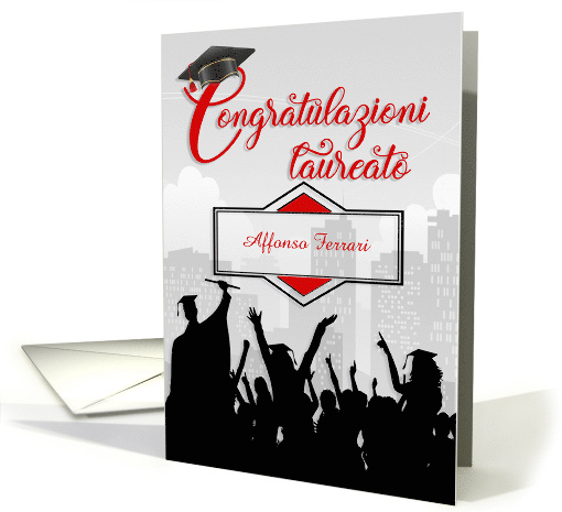 Italian Graduation Congratulations in Red and Black with Name card
