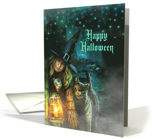 Halloween Witch with Black Cat and Lantern card (824935)